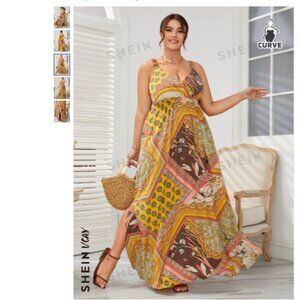 Plus Size Yellow Patchwork Print Slit Hem Cami Dress, 3X